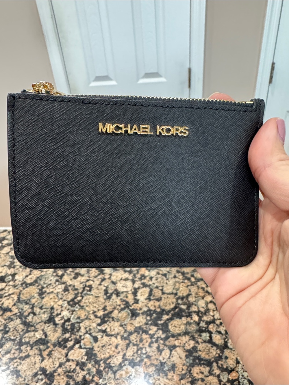 Michael Kors Black Leather Zip Card Pouch with Gold Hardware